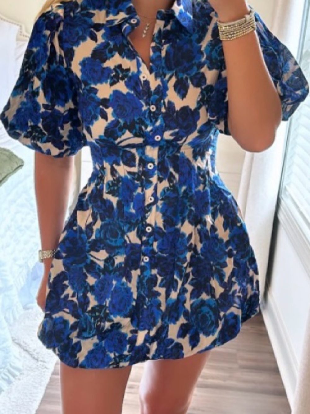 Blue Floral Button-Front Mini Dress